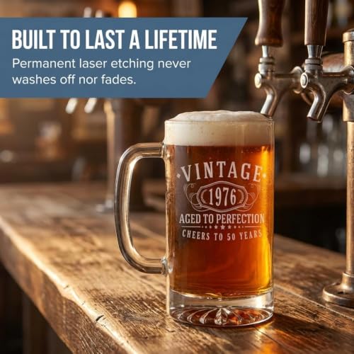 Vintage 1976 Engraved 16oz Beer Mug - 50th Birthday Gift for Men and Women