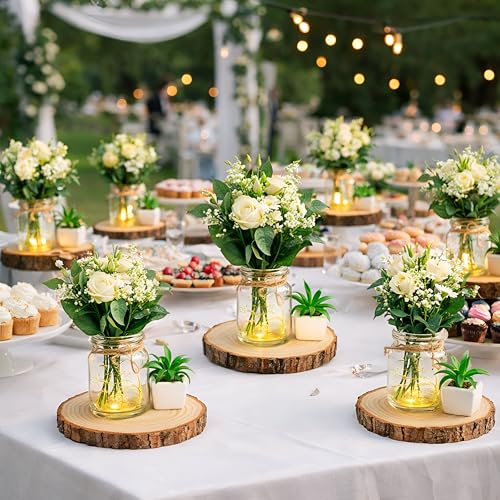 Honeydak 24-Piece Mason Jar Centerpieces Set – 24 Clear Jars, 24 Wood Coasters & 65.62 ft Jute Rope