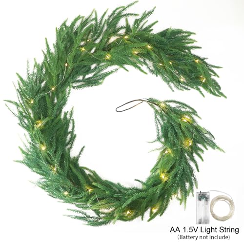 TISEMENT Norfolk Pine Garland 6ft with 10ft Light String – Premium Indoor/Outdoor Greenery