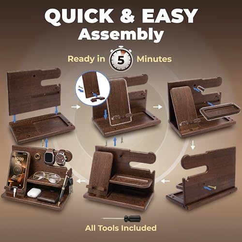 Wooden Phone Docking Station Bedside Organizer for Men Brown