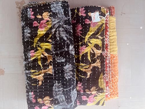 Handmade Indian Vintage Kantha Quilts - Reversible Cotton Blanket, Twin Size 85x55 Inches