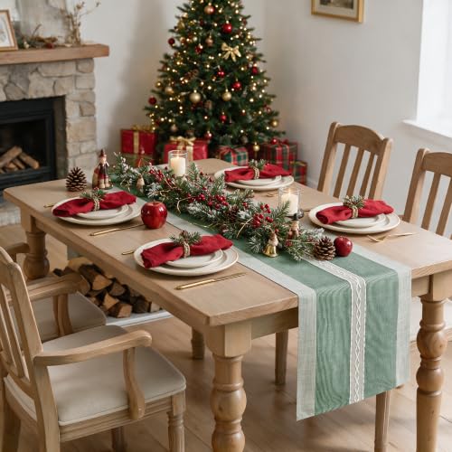 Artoid Mode 13" x 108" Green Braided Rustic Chenille Table Runner – Christmas Embroidered Home Kitchen Decor