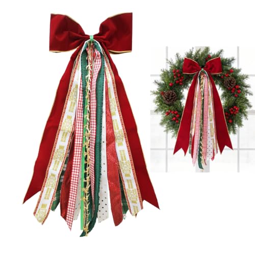 OXWIND Red Velvet Christmas Bow – 11in Wide, 28in Bow Head + 65cm Streamers, Wreath & Tree Decor Bundle (Christmas Ribbon with Bows)