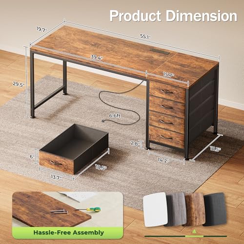 55-Inch Computer Desk with Built-In Power Outlets & 4 Drawers - Rustic Brown