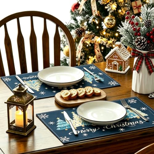Navy Blue Christmas Placemats Set of 4 12x18 Inch Xmas Trees Snowflakes Holiday Table Decor