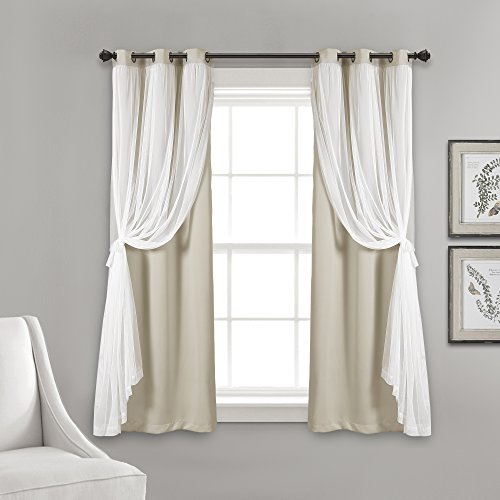 Lush Decor Sheer Grommet Curtains With Insulated Blackout Lining, Window Curtain Panels, Pair, 38"W x 45"L, Wheat - Curtain With Sheer Overlay, Elegant Blackout Curtains for Bedroom