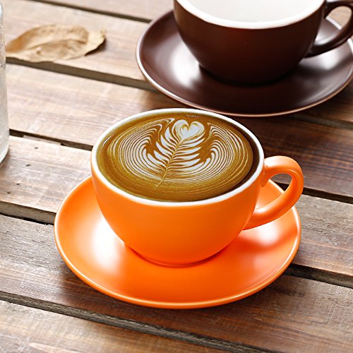Coffeezone Matte Orange 10.5 oz Ceramic Latte Art Cup & Saucer for Coffee & Cappuccino