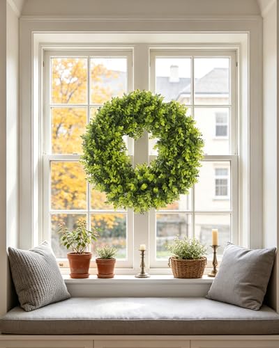24-Inch Artificial Boxwood Wreath for Front Door - UV-Resistant Greenery