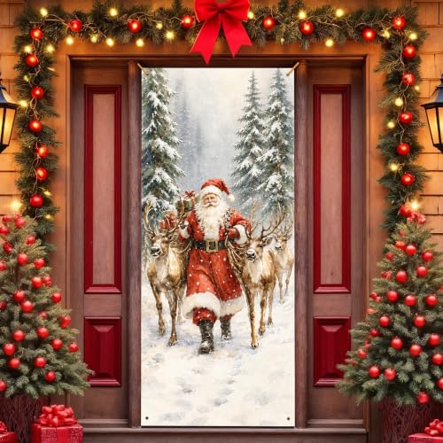 Santa Reindeer Christmas Door Cover - 35x79 in Reusable Curtain - JINYO