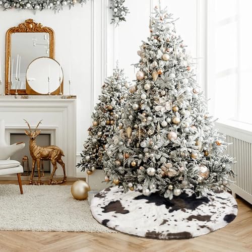 30-Inch Cow Print Christmas Tree Skirt - Black & White Faux Fur Decor