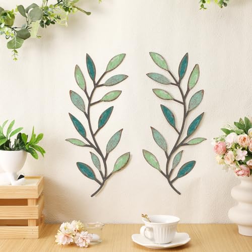 Metal Leaf Wall Art Set - 2 Pcs Symmetrical Olive Branch Decor