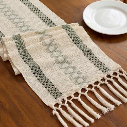 Green Boho Macrame Table Runner 12x36 Inch with Tassels - Farmhouse Decor