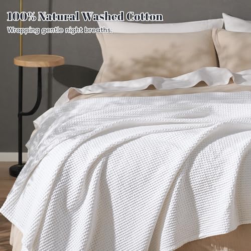 Cotton Waffle Blanket - Lightweight Queen Size White Throw