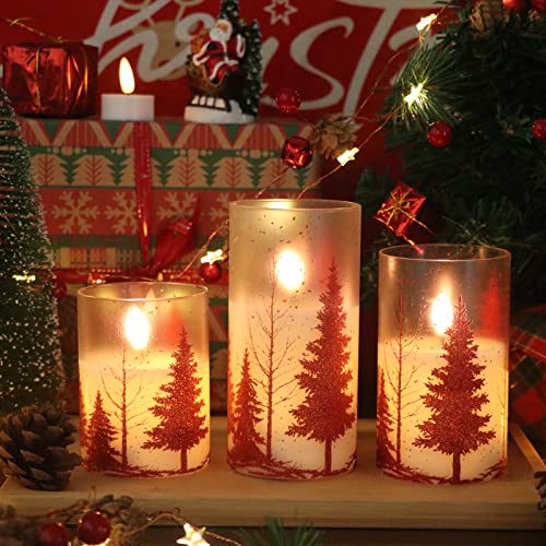 Red Christmas Tree Flameless Candles with Remote & Timer - Frosted Glass, 3 Inches, Set of 1-3