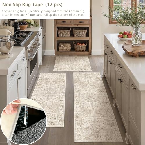 3-Piece Washable Kitchen Runner Rug Set, Non-Slip Vintage Farmhouse Mats