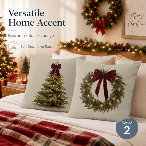 Vintage Christmas Tree Wreath Pillow Covers Set of 2 18x18 Inch