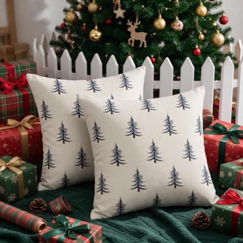Sivirary 18x18 Blue Cream Christmas Pillow Covers Set of 2 with Tree Print