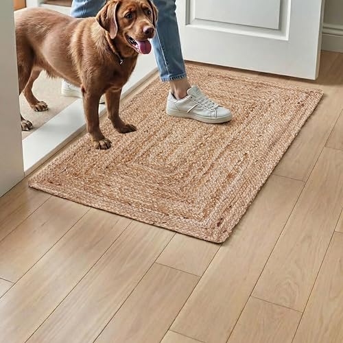 Natural Jute Braided Area Rug 2x3 ft, Hand Woven Reversible Boho Rug