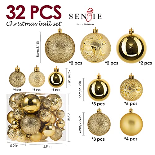 Senjie 32Pcs Gold Shatterproof Christmas Ornaments Set – 11 small, 15 medium, 6 large Gold Balls