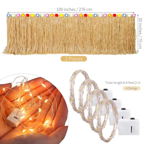2-Pack Luau Grass Table Skirts with LED String Lights for Tropical Parties