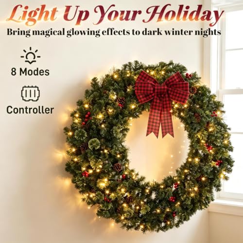 NicBex 48-Inch Crestwood Spruce Christmas Wreath with Bow & Lights, Green & Red