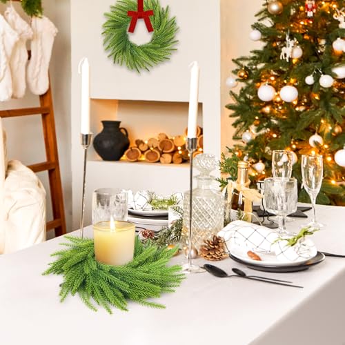 6-Piece Mini Christmas Norfolk Pine Wreaths with Bows, 7.9-Inch Candle Rings