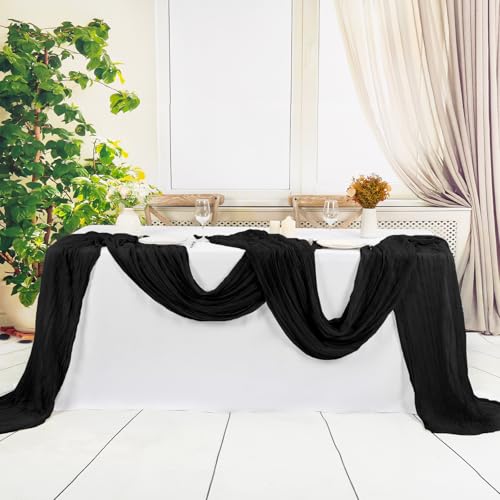 FXKS 12 Pack Black Cheesecloth Table Runner 20 x 120 in - Wrinkled Gauze, Hand Washable