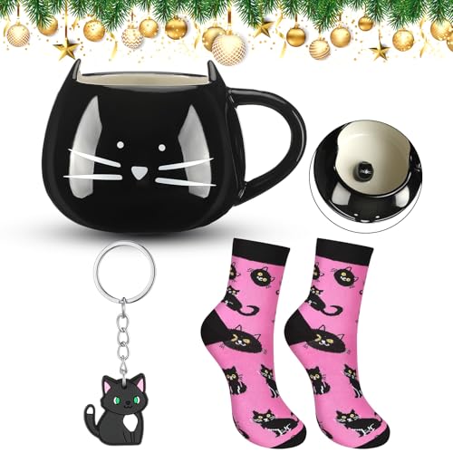 Black Cute Cat Gift Set with Mug, Keychain & Socks - Variation of Black / Cute Cat