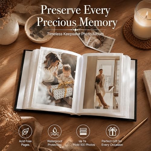 Small Linen Photo Album for 4x6 Photos, Holds 100 Pictures, Black