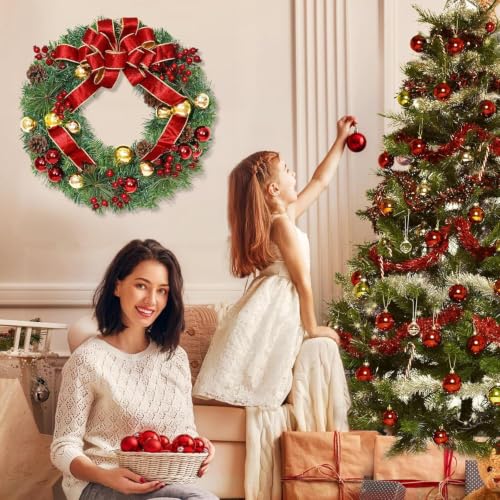 Elyum 16 Inch Christmas Wreath with Lights – 2 Pack Front Door Decor Balls Berries Pine Cones