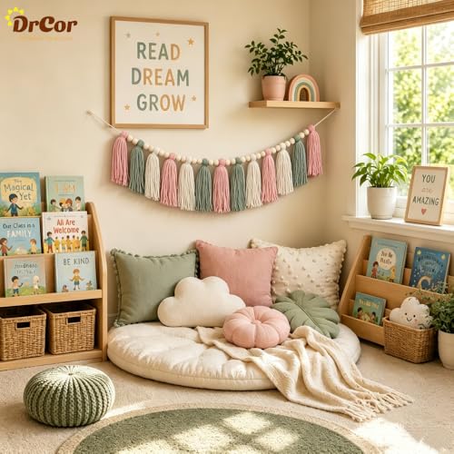 Boho Tassel Garland - Pink and Sage Green Cotton Wall Decor