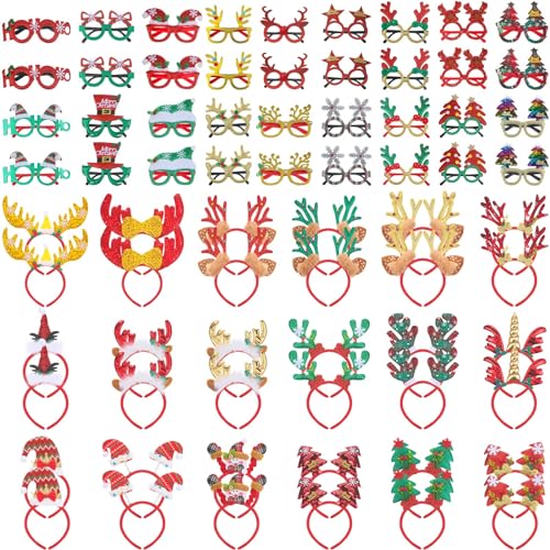 Hotop 72Pcs Christmas Headbands & Glitter Glasses Set – Santa, Reindeer, Tree Party Favors