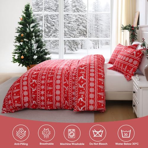 JSD Vintage Red Reindeer Snowflakes Christmas Duvet Cover Set Twin Size