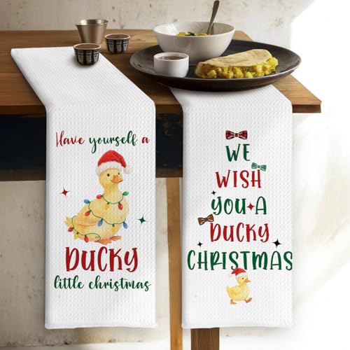 SereneHanctuary Yellow Duck Kitchen Towels 16x24in Set of 2 - Ultra-Soft Chenille Hand Towels