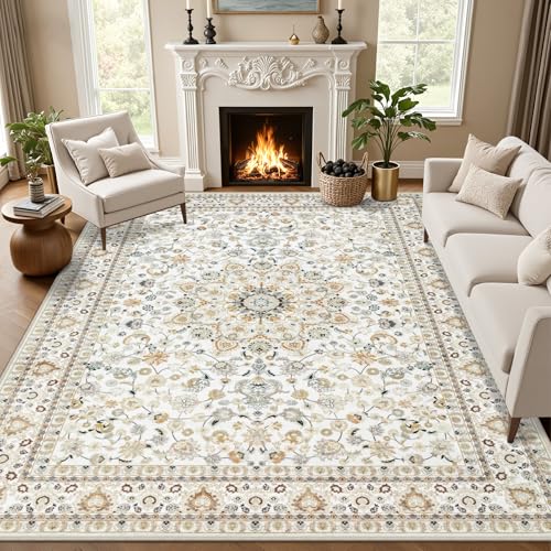 5x7 Washable Vintage Area Rug - Soft Non-Slip Beige Floral Boho Rug