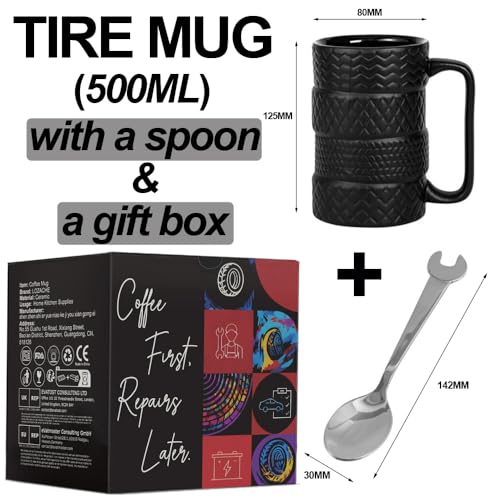 LOZACHE 500ml 3D Tire Funny Mug with Spoon & Handle – Black 03, Large Ceramic Coffee Cup for Dad, Mechanic Gift