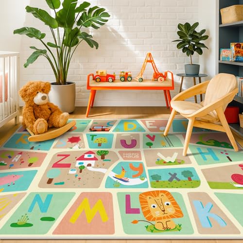 5x7 Alphabet Educational Rug for Kids, Washable Non-Slip Playroom Carpet