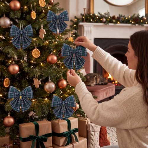 Rivvlive Green Tartan Christmas Bows Ornaments - 4 Inch Holiday Decor, 12 Pack