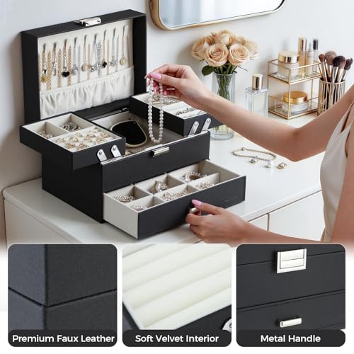 3-Layer Jewelry Organizer Box with Drawer, Large PU Leather Storage Case