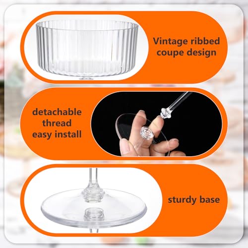 12 Pcs 10 oz Plastic Ribbed Martini Glasses, Disposable Coupe Cocktail Cups