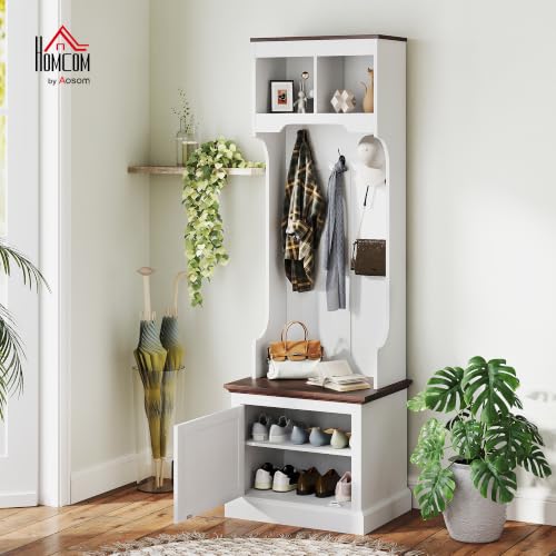 HOMCOM White Wood Grain Hall Tree with Shoe Storage, Coat Rack & Bench, 23.1 x 15.7 x 70.9 inches