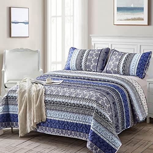 Boho Quilt Set King Size - Blue Bohemian 3-Piece Lightweight Bedspread Coverlet