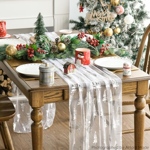 28 x 120 Inch White Silver Christmas Tree Gauze Table Runner Glitter Holiday Decor