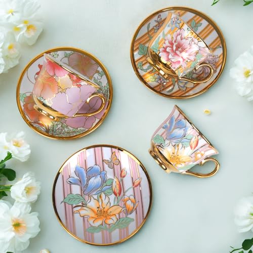 Qetoosur 6-Piece Vintage Floral Ceramic Tea Cup & Saucer Set, 8 OZ for Coffee & Tea