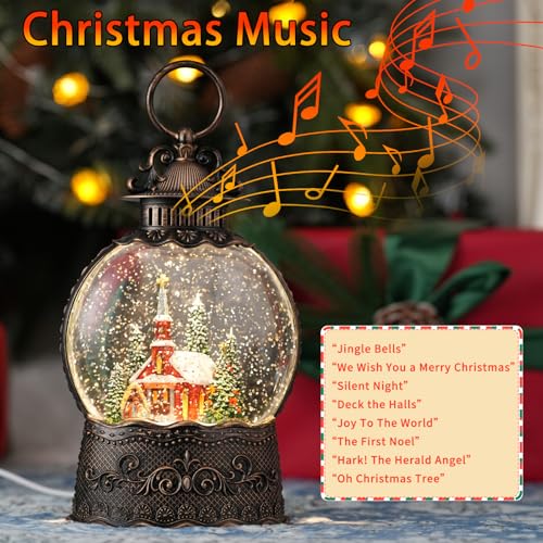 Lighted Christmas Snow Globe with Music and Timer, USB or Battery Operated