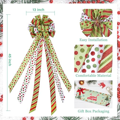Large Green & Red Dot Christmas Tree Topper Bow, Wired Ribbon (45" x 13")