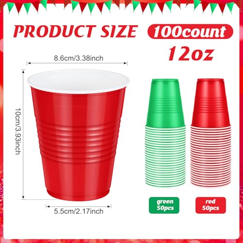 Red and Green Christmas Plastic Cups 12oz - 100 Pack, Disposable Holiday Party Supplies