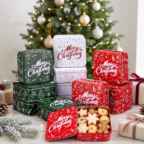 Qunclay 12 Pack Christmas Metal Cookie Tins with Lids for Holiday Gifting