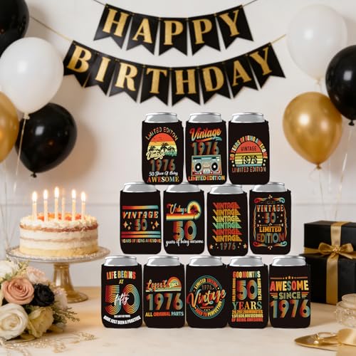 Vintage 1976 Can Cooler Sleeves - 50th Birthday Party Favors (24 Pack)