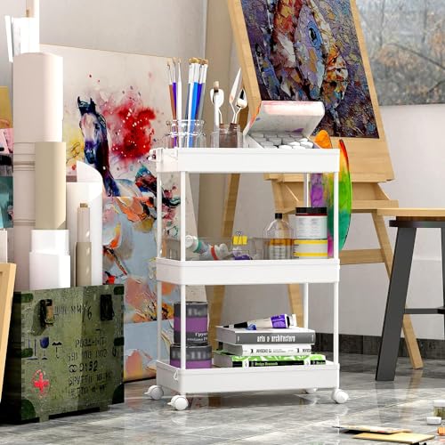 3-Tier Slim Rolling Utility Cart, Mobile Storage Organizer with Wheels - White